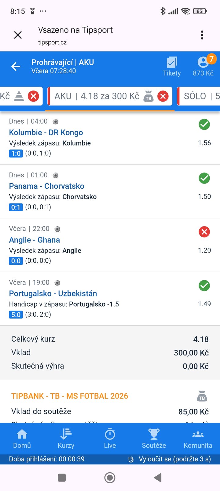 Tiket AKU 4.18 — výhra Kolumbie, Chorvatska, Anglie a Portugalsko s hendikepem, vklad 300 Kč
