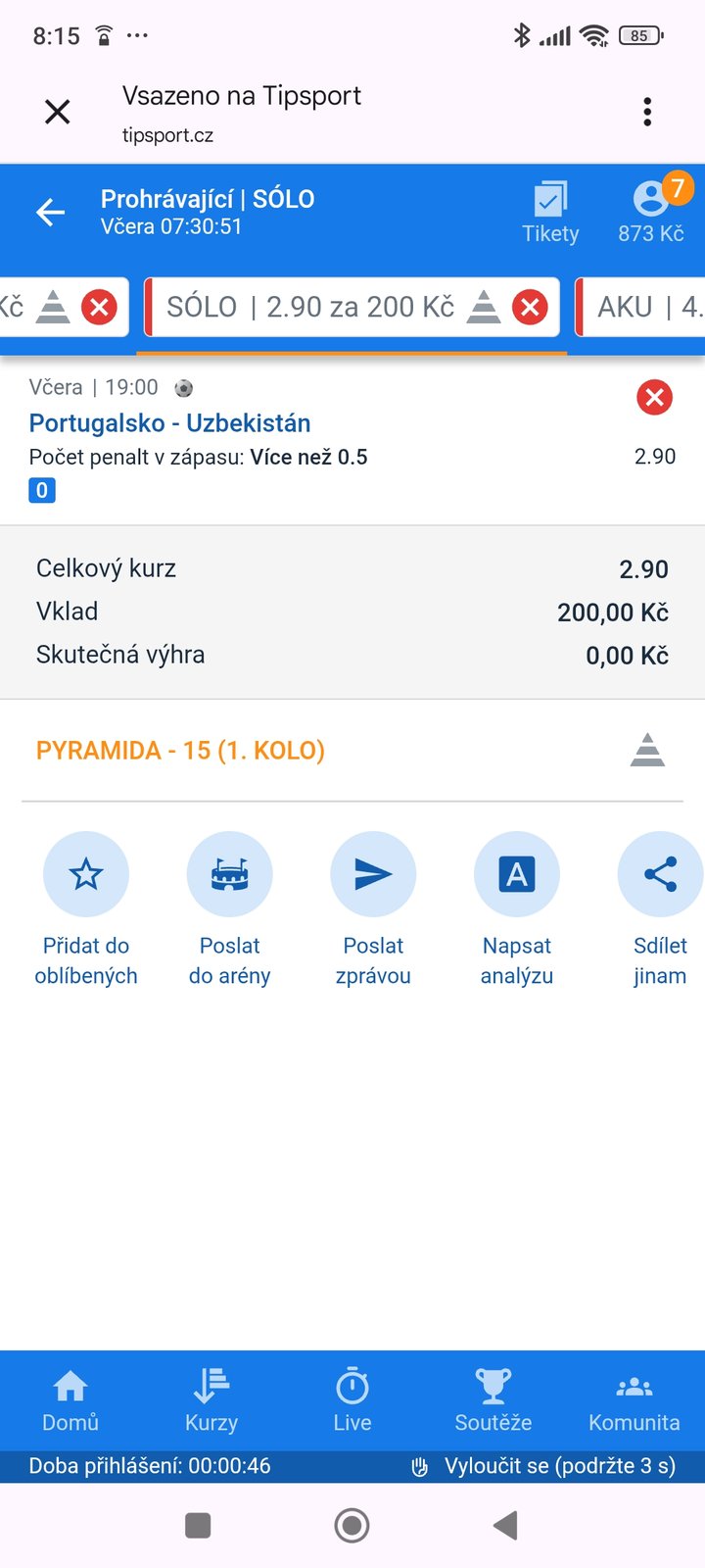Tiket SÓLO 2.90 — v zápase Portugalsko–Uzbekistán padne více než 0,5 penalty, vklad 200 Kč