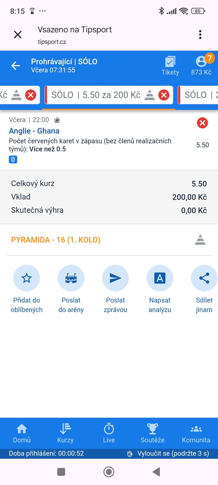 Tiket SÓLO 5.50 — v zápase Anglie–Ghana padne více než 0,5 červené karty, vklad 200 Kč