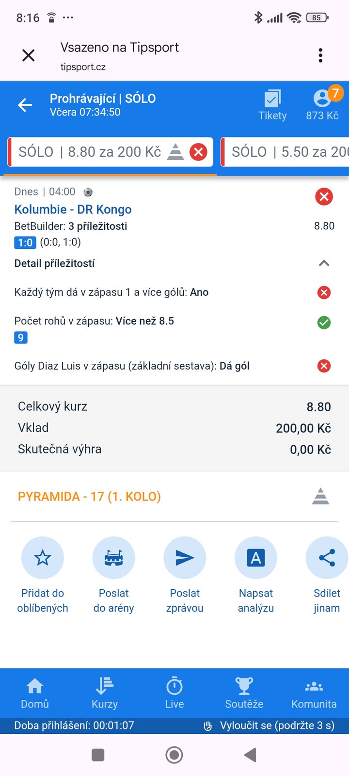 Tiket SÓLO Bet Builder 8.80 — Kolumbie–DR Kongo: oba týmy dají gól, více než 8,5 rohu a gól Luise Díaze, vklad 200 Kč