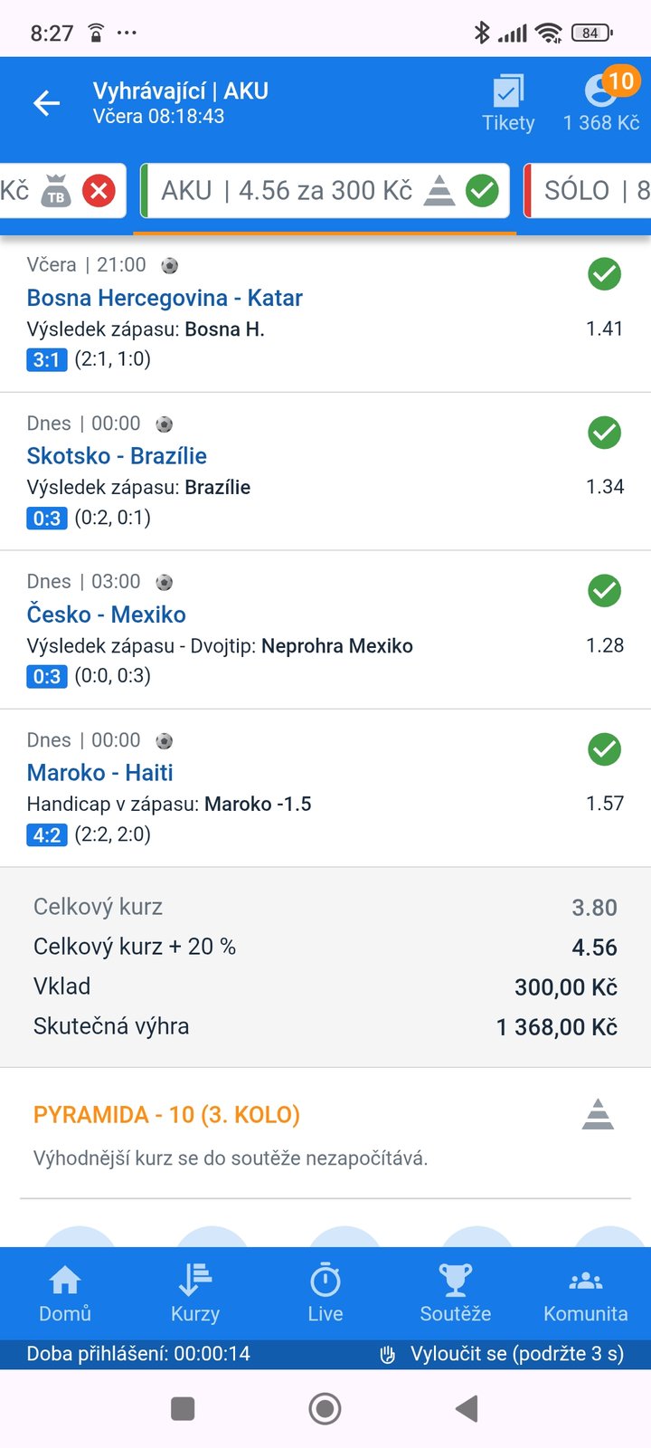 Tiket AKU · 4 zápasy · pyramida · +20 % 4.56 — MS fotbal 2026, sázkařský deník LP75