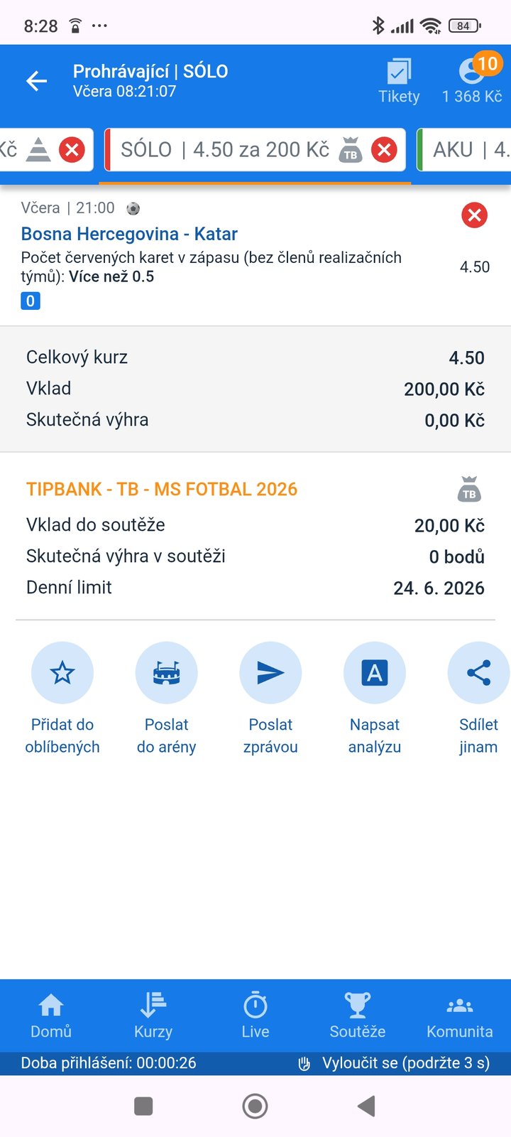 Tiket SÓLO · červené karty · Tipbank 4.50 — MS fotbal 2026, sázkařský deník LP75