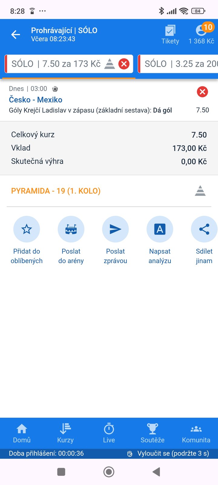 Tiket SÓLO · střelec · pyramida 7.50 — MS fotbal 2026, sázkařský deník LP75