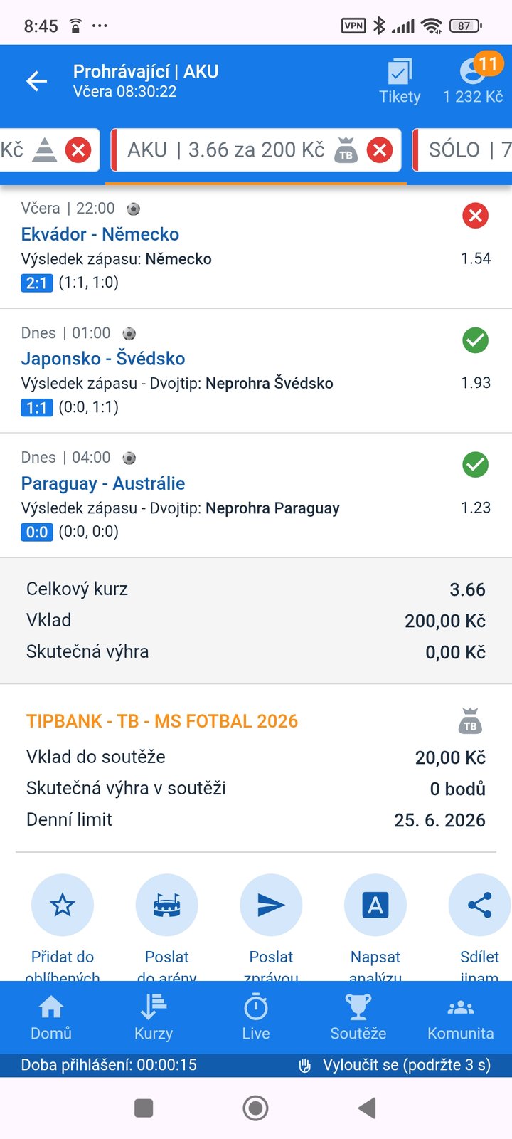 Tiket AKU · 3 zápasy · Tipbank 3.66 — MS fotbal 2026, sázkařský deník LP75