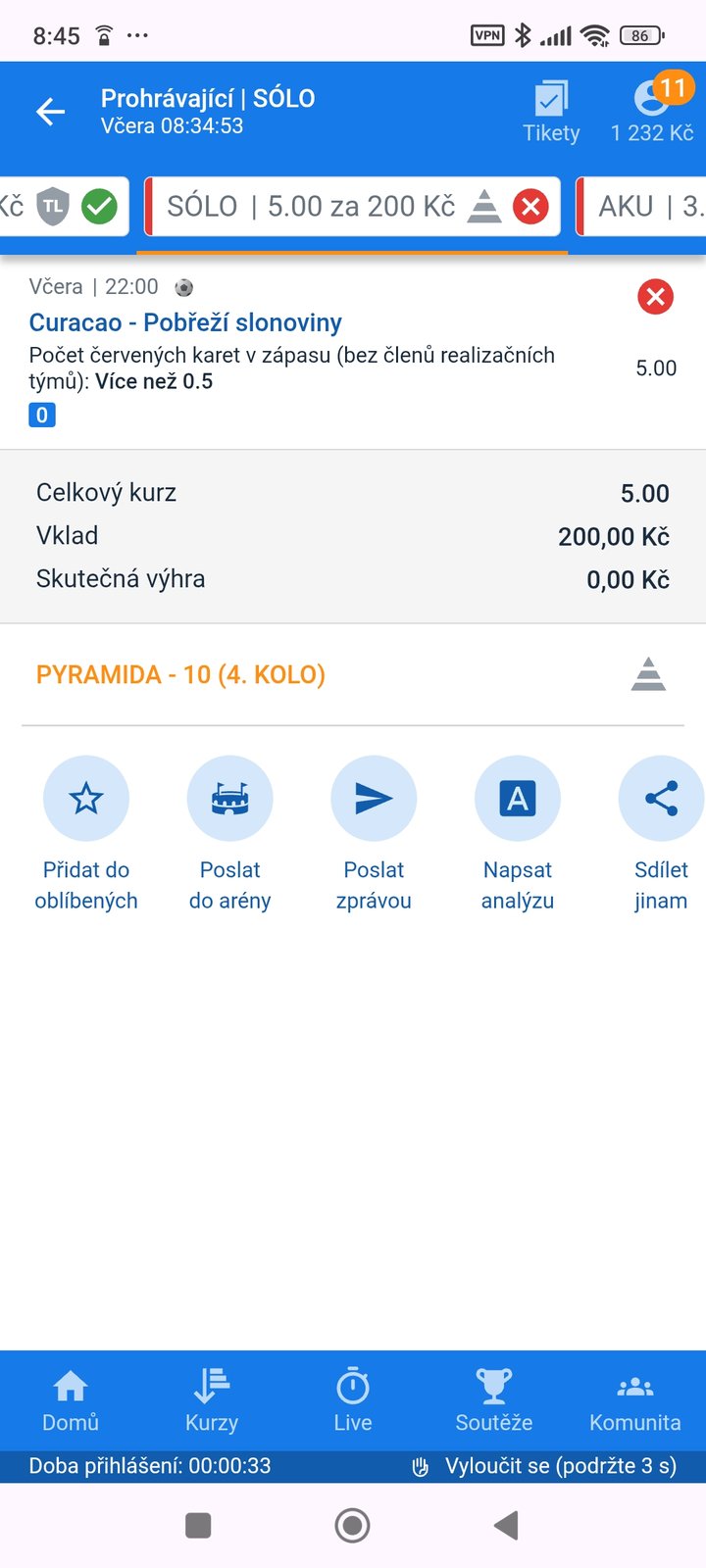 Tiket SÓLO · červené karty · pyramida 5.00 — MS fotbal 2026, sázkařský deník LP75