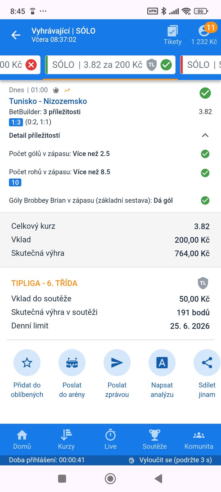 Tiket SÓLO · Bet Builder · TipLiga 3.82 — MS fotbal 2026, sázkařský deník LP75