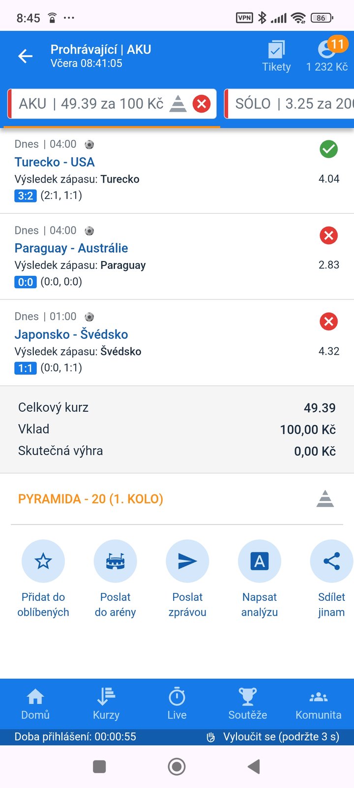 Tiket AKU · 3 zápasy · pyramida 49.39 — MS fotbal 2026, sázkařský deník LP75