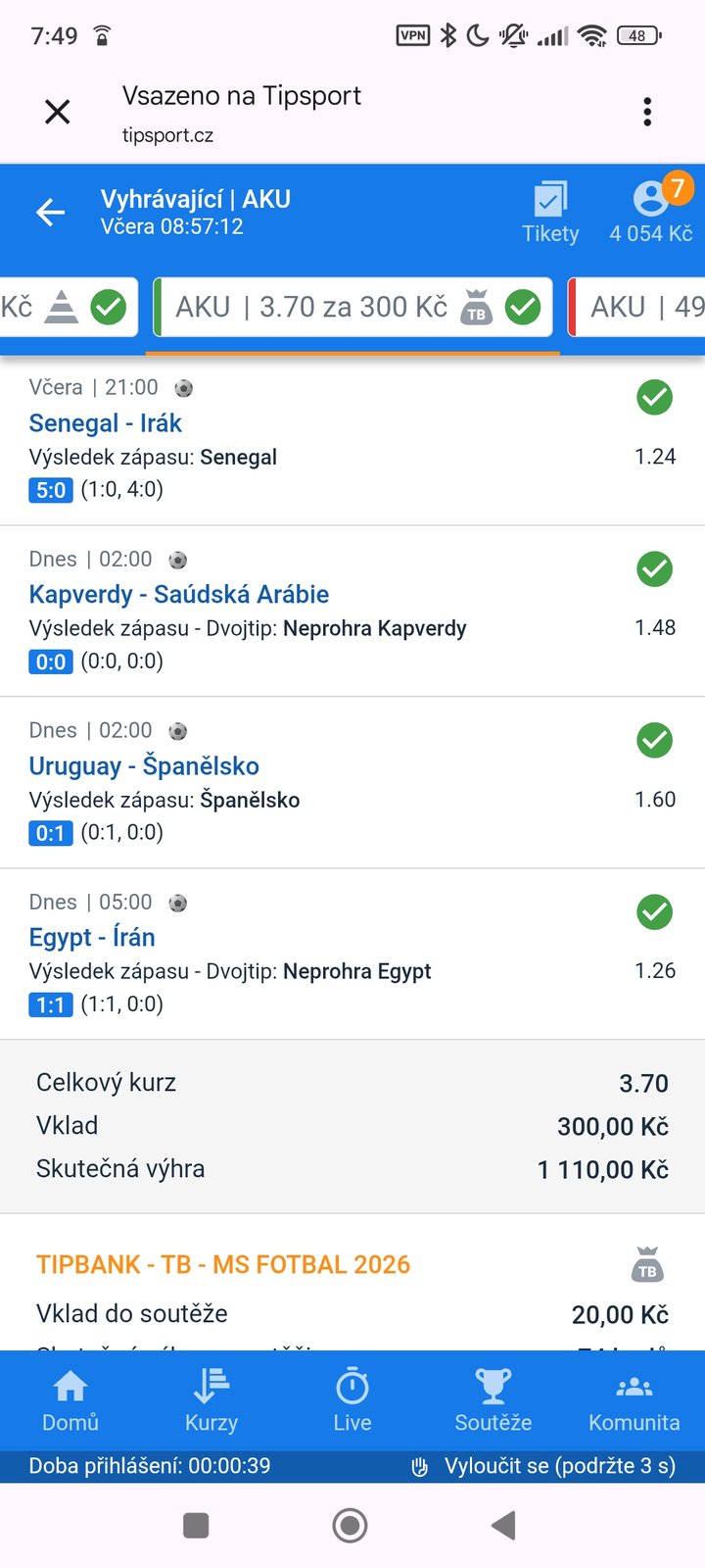 Tiket AKU · 4 zápasy · Tipbank 3.70 — MS fotbal 2026, sázkařský deník LP75