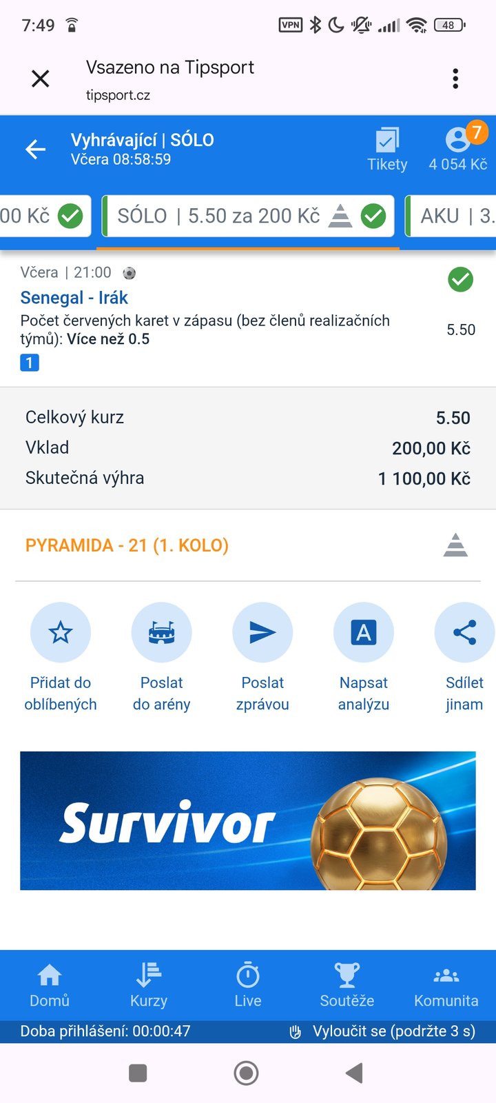 Tiket SÓLO · červené karty · pyramida 5.50 — MS fotbal 2026, sázkařský deník LP75