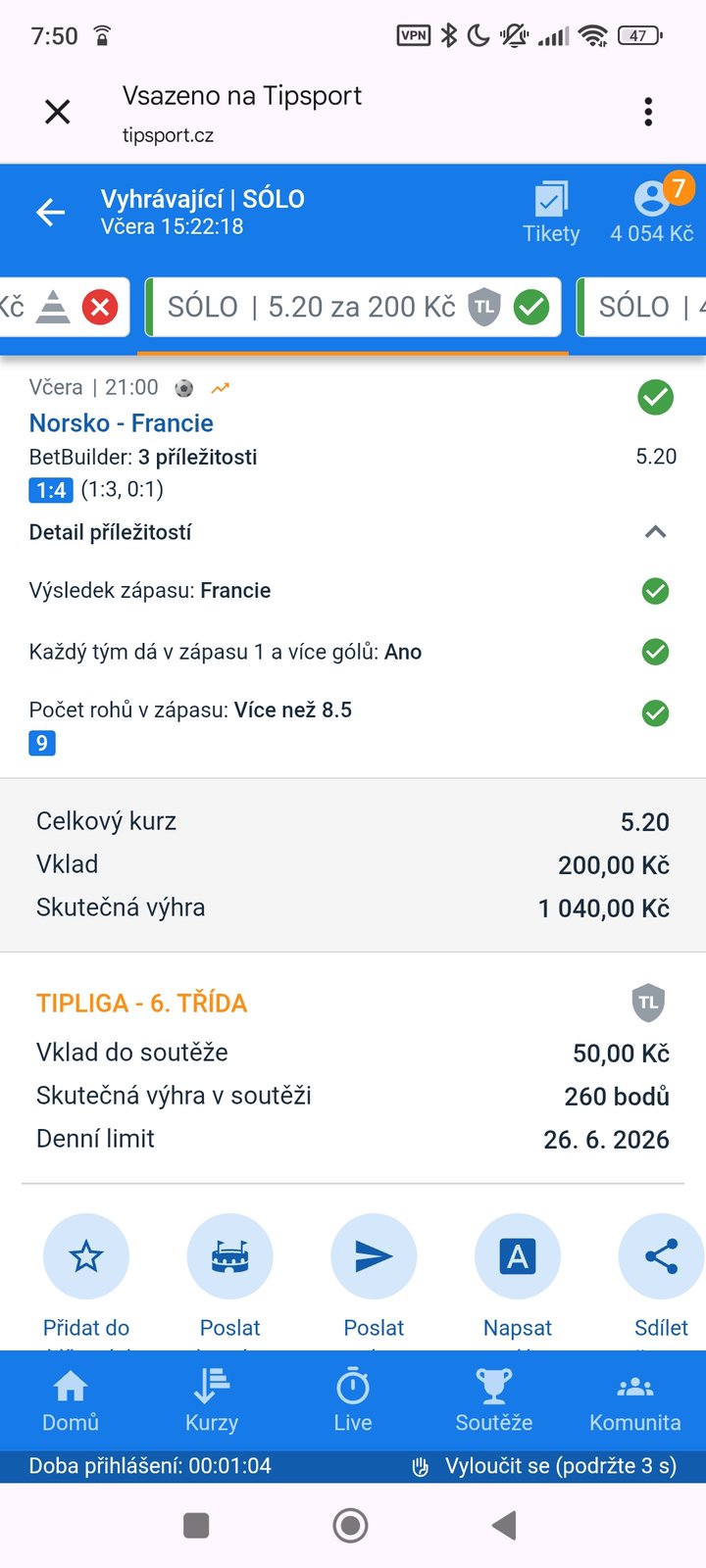 Tiket SÓLO · Bet Builder · TipLiga 5.20 — MS fotbal 2026, sázkařský deník LP75