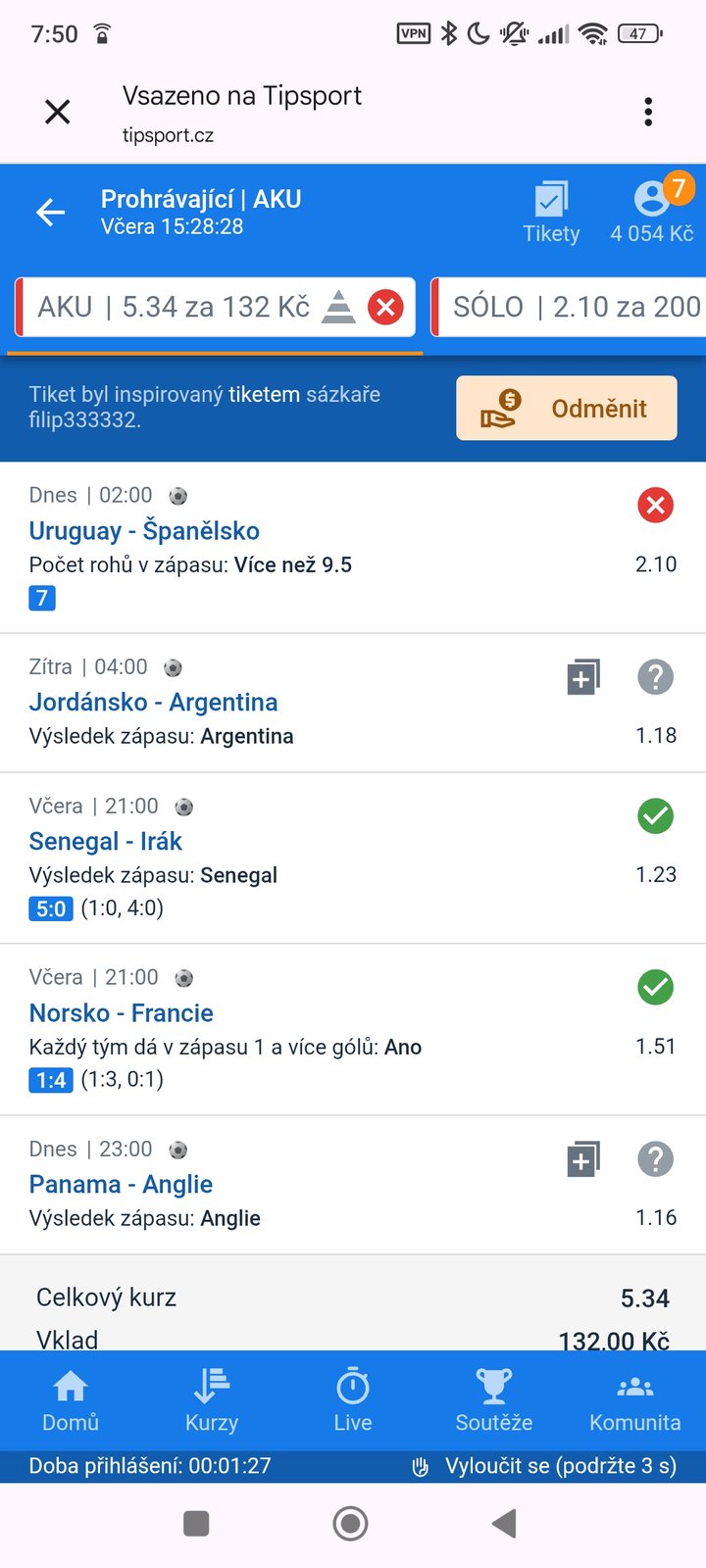 Tiket AKU · 5 zápasů · pyramida 5.34 — MS fotbal 2026, sázkařský deník LP75