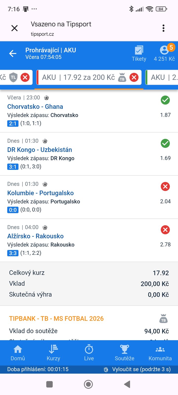 Tiket AKU · 4 zápasy · pyramida 17.92 — MS fotbal 2026, sázkařský deník LP75