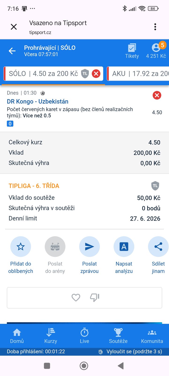 Tiket SÓLO · červené karty · TipLiga 4.50 — MS fotbal 2026, sázkařský deník LP75