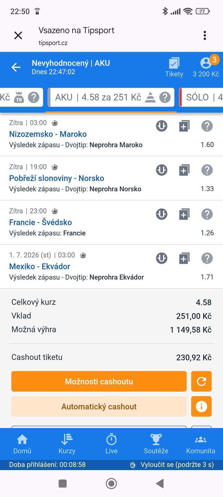 Tiket AKU · 4 zápasy 4.58 — MS fotbal 2026, sázkařský deník LP75
