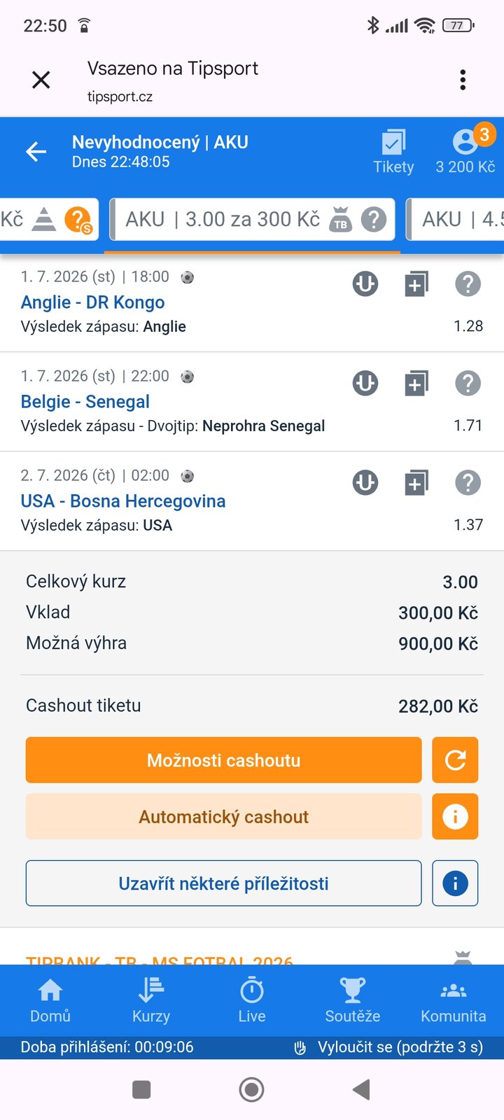 Tiket AKU · 3 zápasy 3.00 — MS fotbal 2026, sázkařský deník LP75