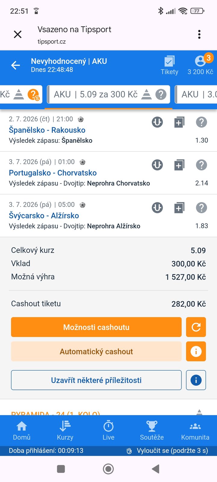 Tiket AKU · 3 zápasy 5.09 — MS fotbal 2026, sázkařský deník LP75
