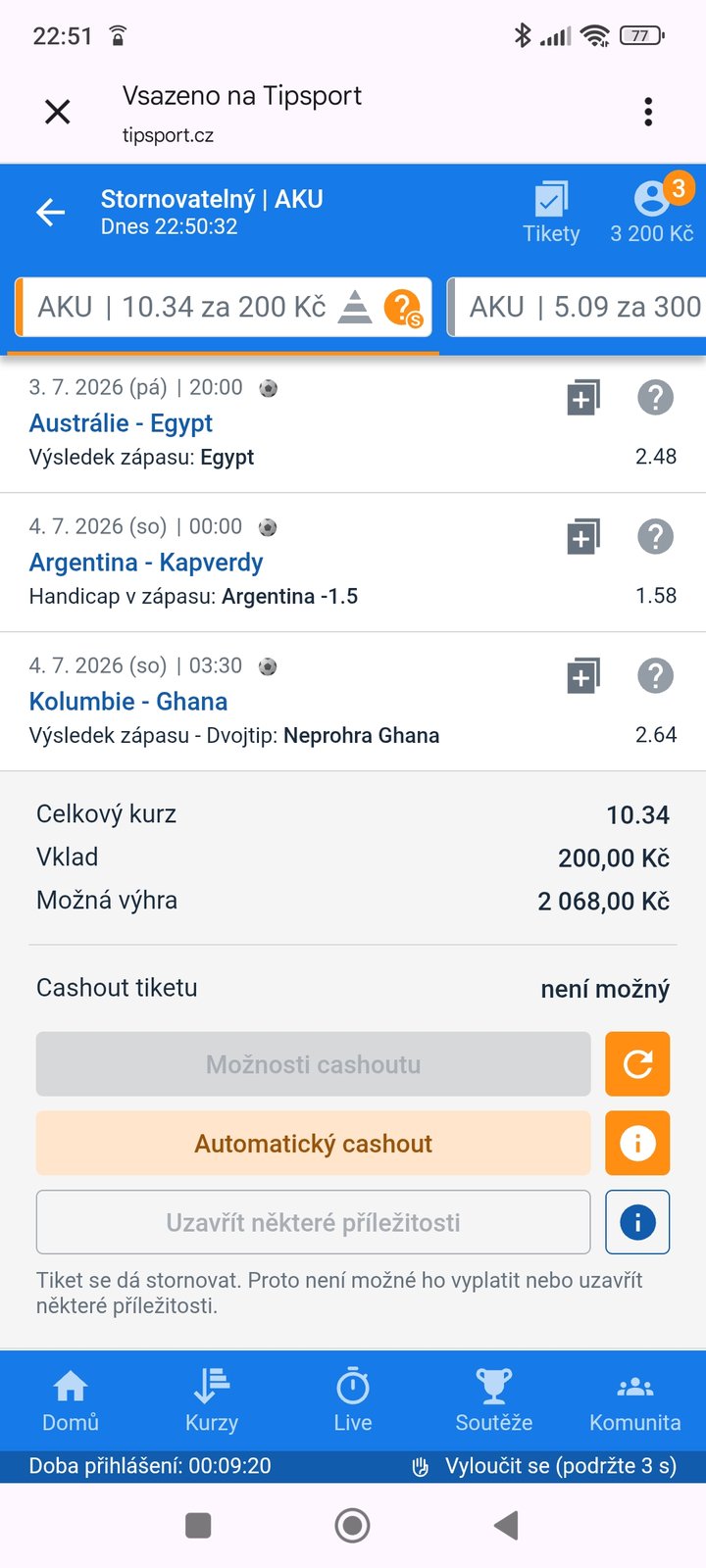 Tiket AKU · 3 zápasy 10.34 — MS fotbal 2026, sázkařský deník LP75