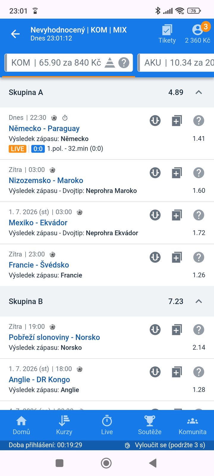 Tiket KOM · kombinace 65.90 — MS fotbal 2026, sázkařský deník LP75