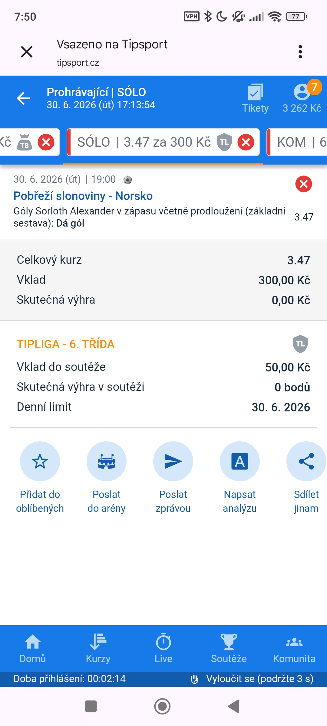 Tiket SÓLO · Sorloth dá gól 3.47 — MS fotbal 2026, sázkařský deník LP75
