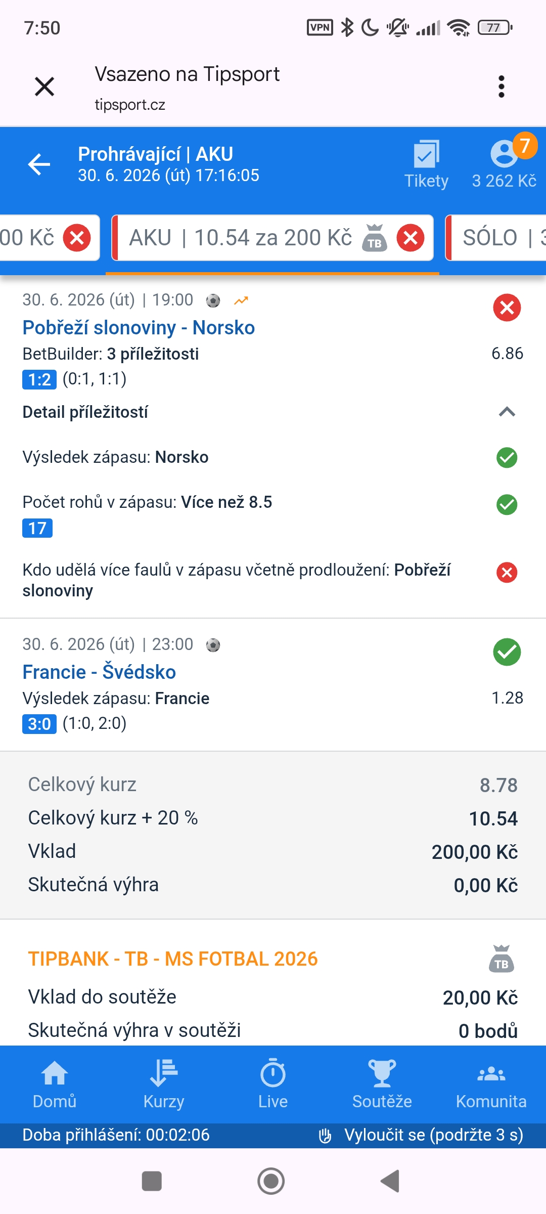 Tiket AKU · Bet Builder 10.54 — MS fotbal 2026, sázkařský deník LP75