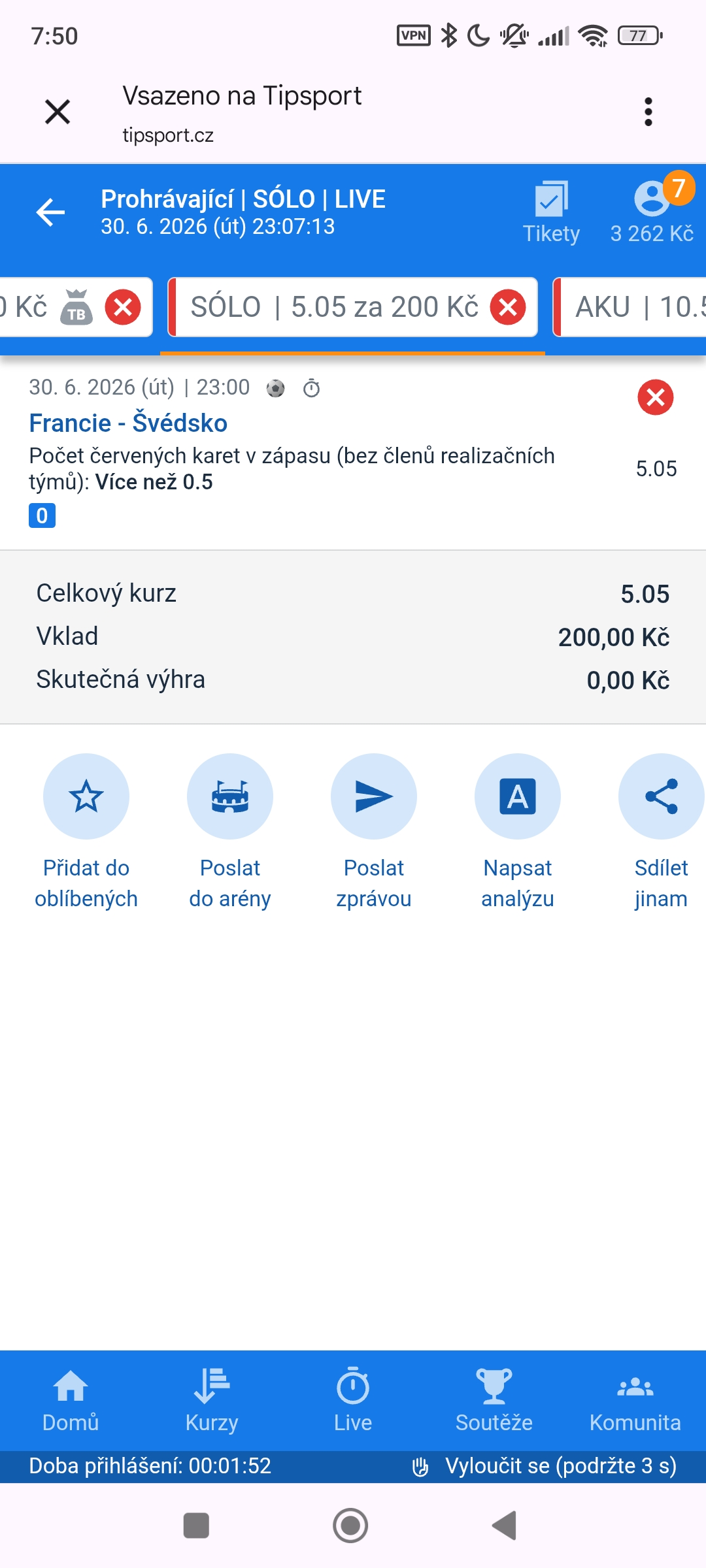 Tiket SÓLO · červená karta Francie–Švédsko 5.05 — MS fotbal 2026, sázkařský deník LP75