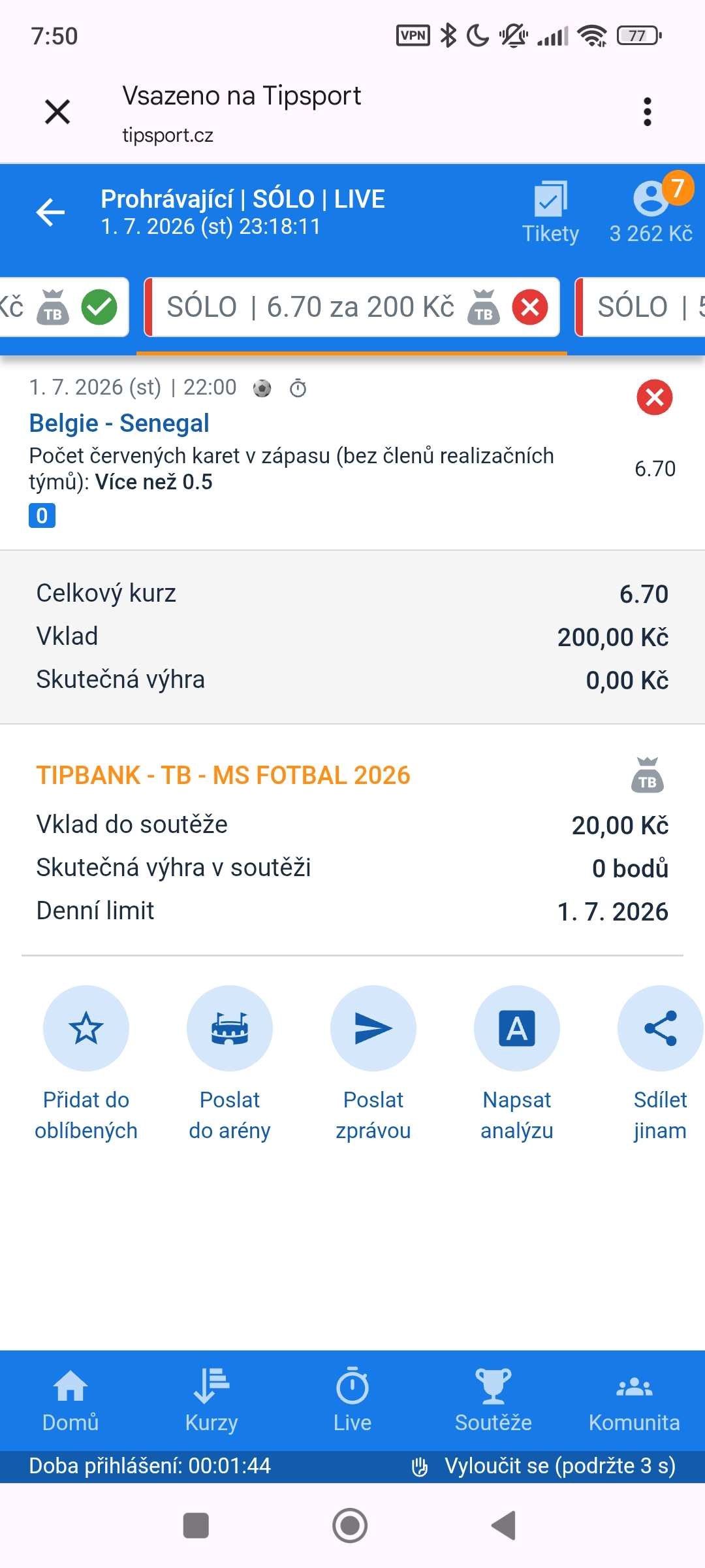 Tiket SÓLO · červená karta Belgie–Senegal 6.70 — MS fotbal 2026, sázkařský deník LP75