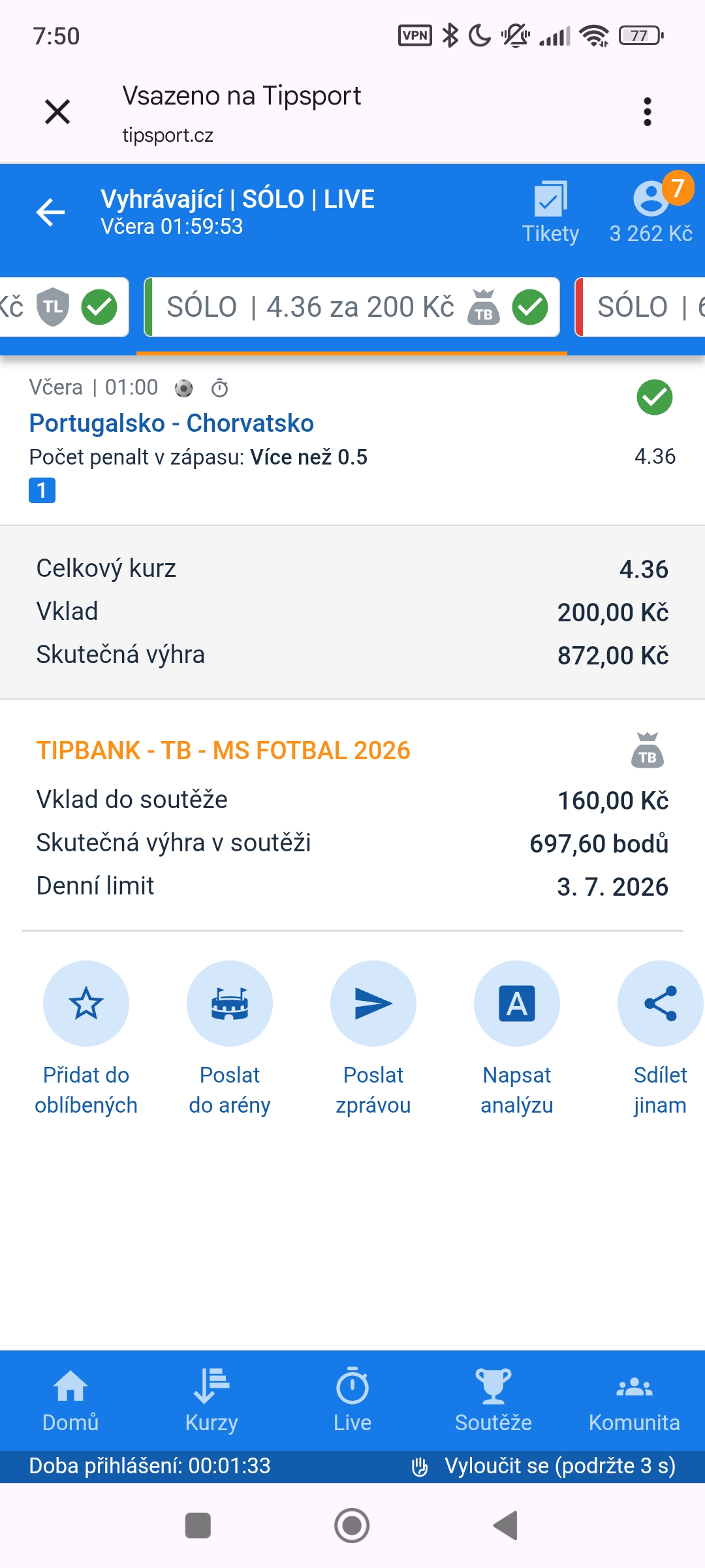 Tiket SÓLO · penalta v zápase Portugalsko–Chorvatsko 4.36 — MS fotbal 2026, sázkařský deník LP75