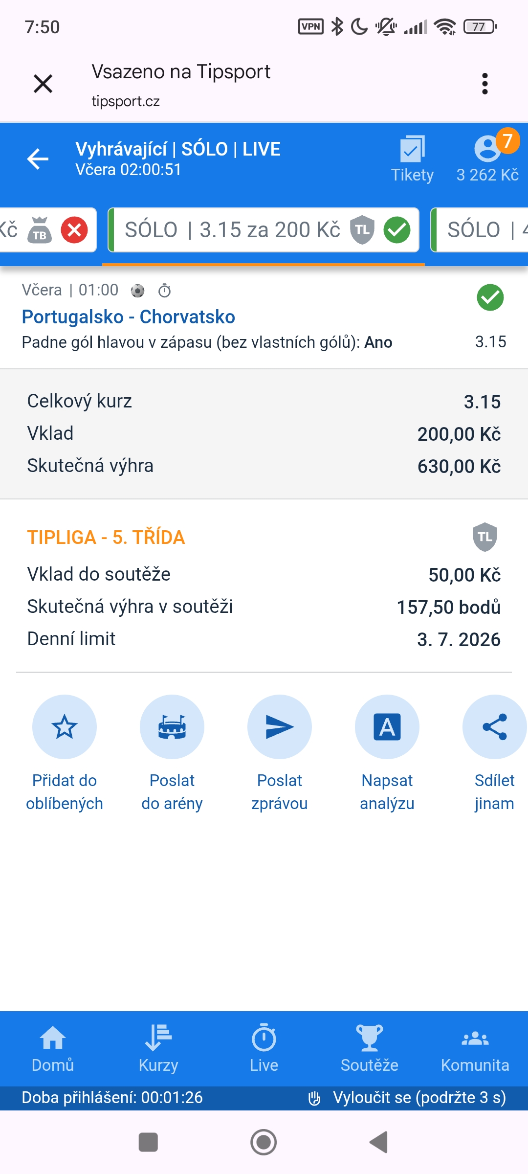 Tiket SÓLO · gól hlavou Portugalsko–Chorvatsko 3.15 — MS fotbal 2026, sázkařský deník LP75