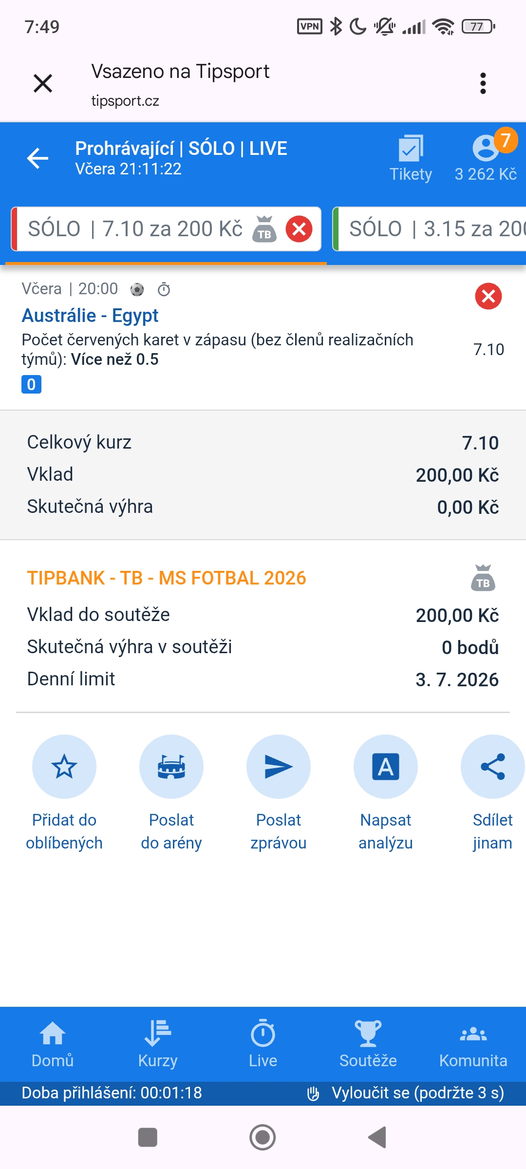 Tiket SÓLO · červená karta Austrálie–Egypt 7.10 — MS fotbal 2026, sázkařský deník LP75