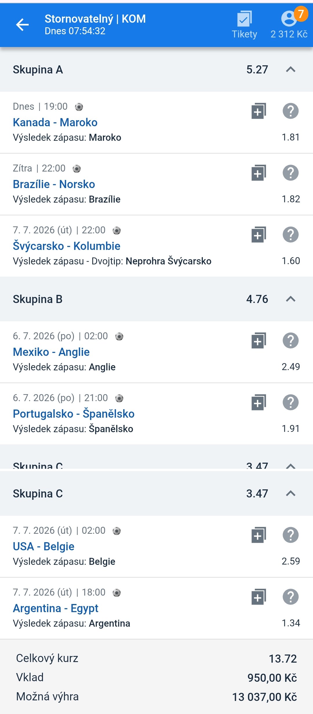 Tiket KOM · kombinace na osmifinále 13.72 — MS fotbal 2026, sázkařský deník LP75