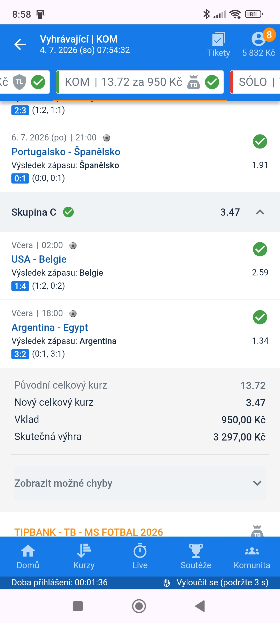 Tiket KOM · kombinace na osmifinále — výhra 3 297 Kč — MS fotbal 2026, sázkařský deník LP75