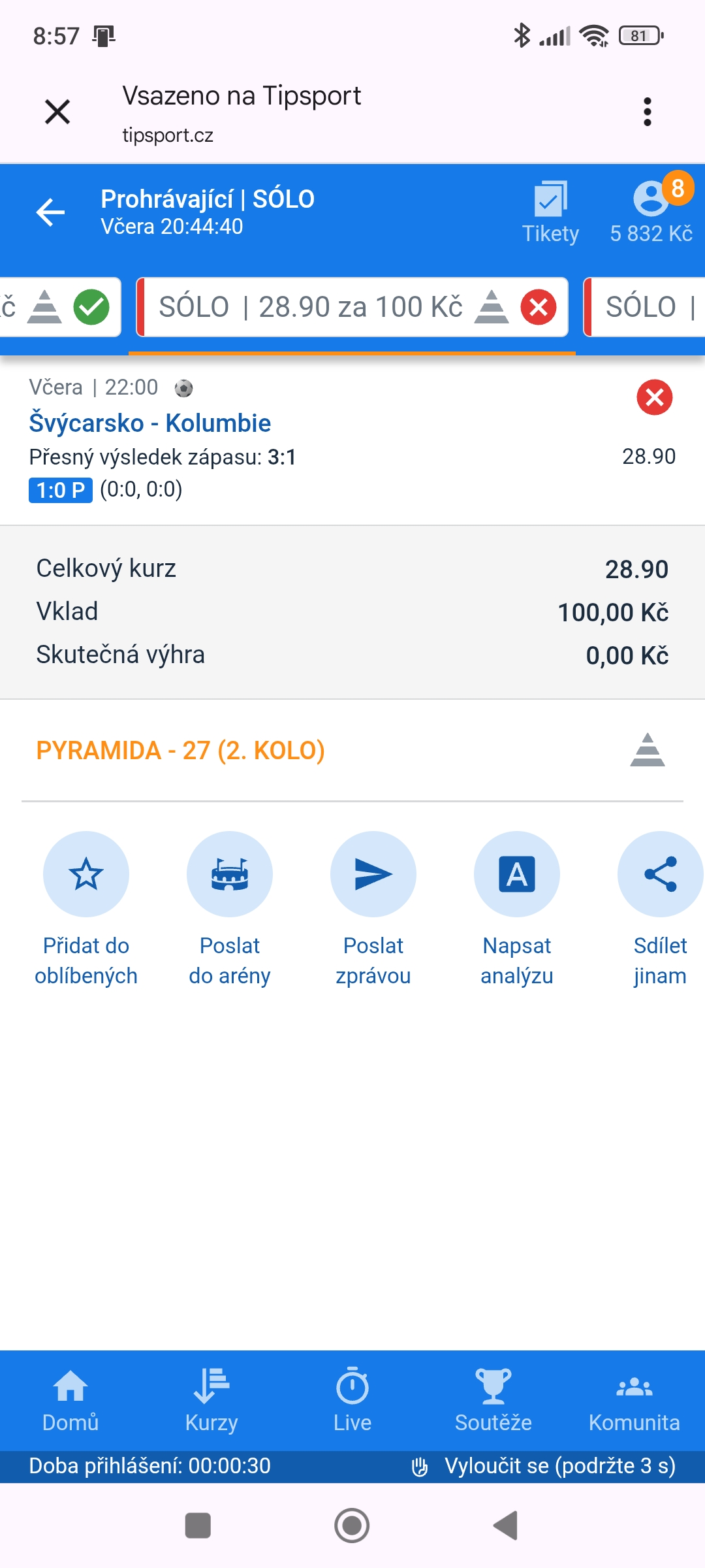 Tiket SÓLO · přesný výsledek 3:1 Švýcarsko–Kolumbie 28.90 — MS fotbal 2026, sázkařský deník LP75