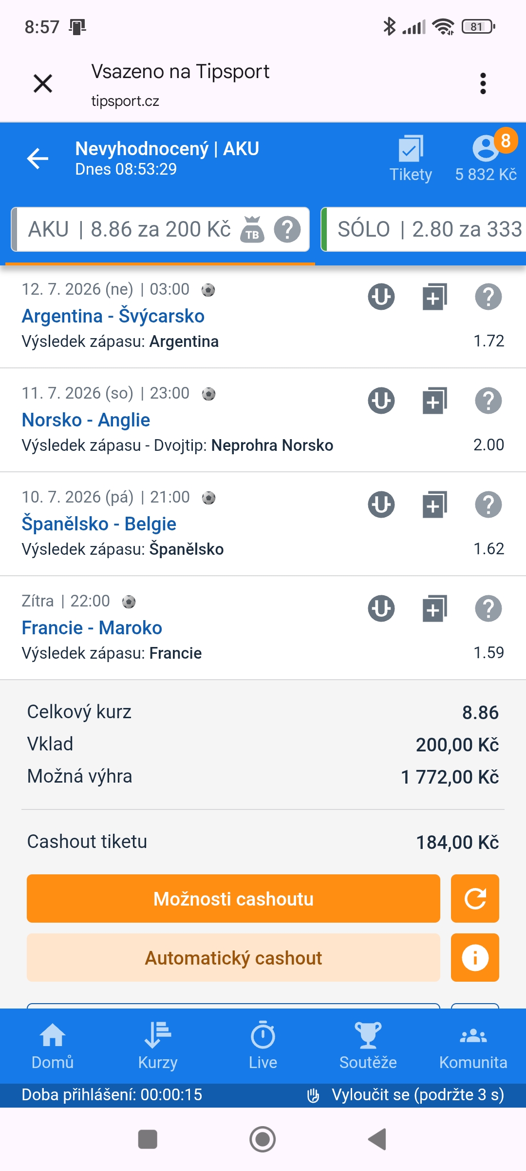 Tiket AKU · čtvrtfinálová čtyřkombinace 8.86 — MS fotbal 2026, sázkařský deník LP75