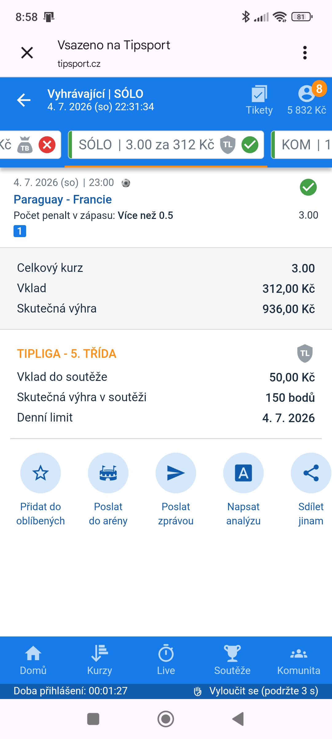 Tiket SÓLO · penalta v zápase Paraguay–Francie 3.00 — MS fotbal 2026, sázkařský deník LP75