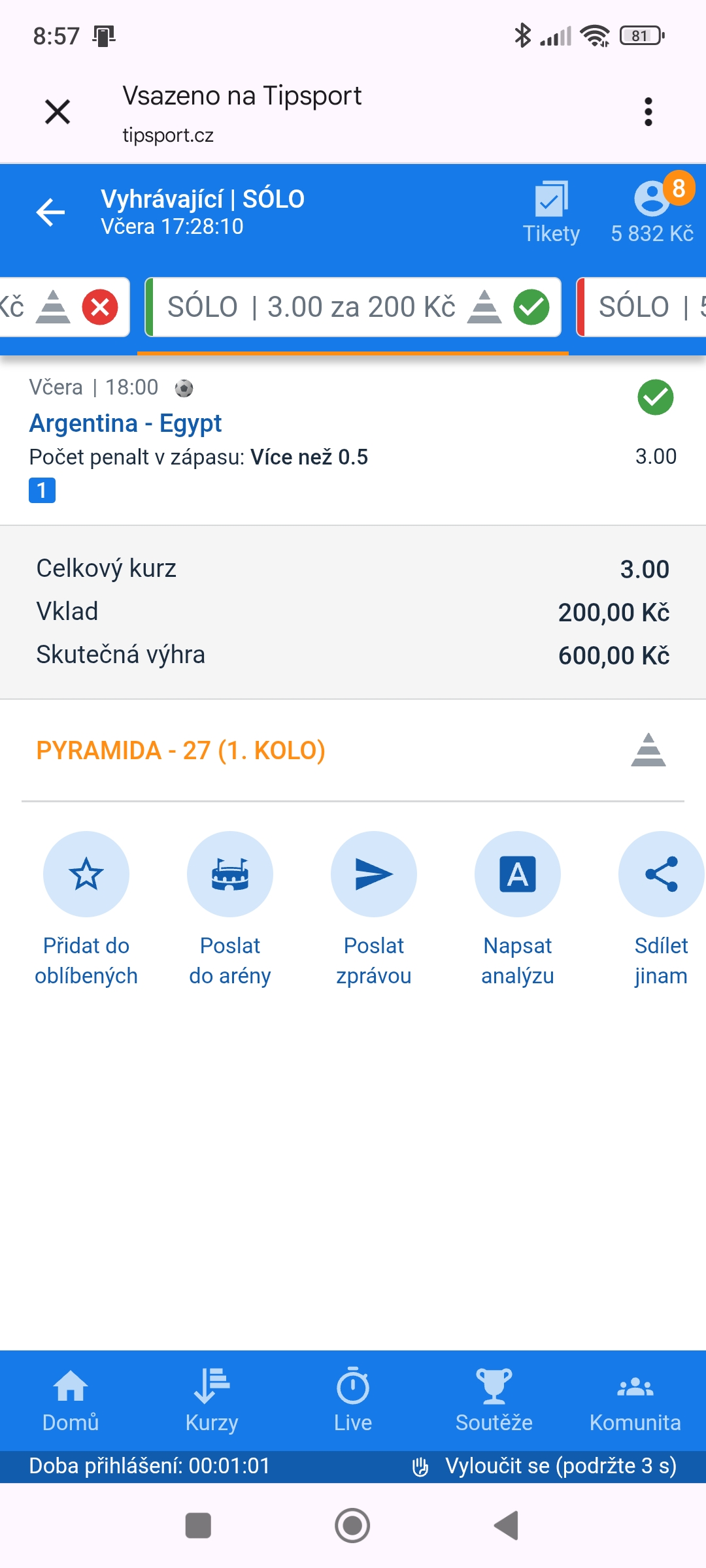 Tiket SÓLO · penalta v zápase Argentina–Egypt 3.00 — MS fotbal 2026, sázkařský deník LP75