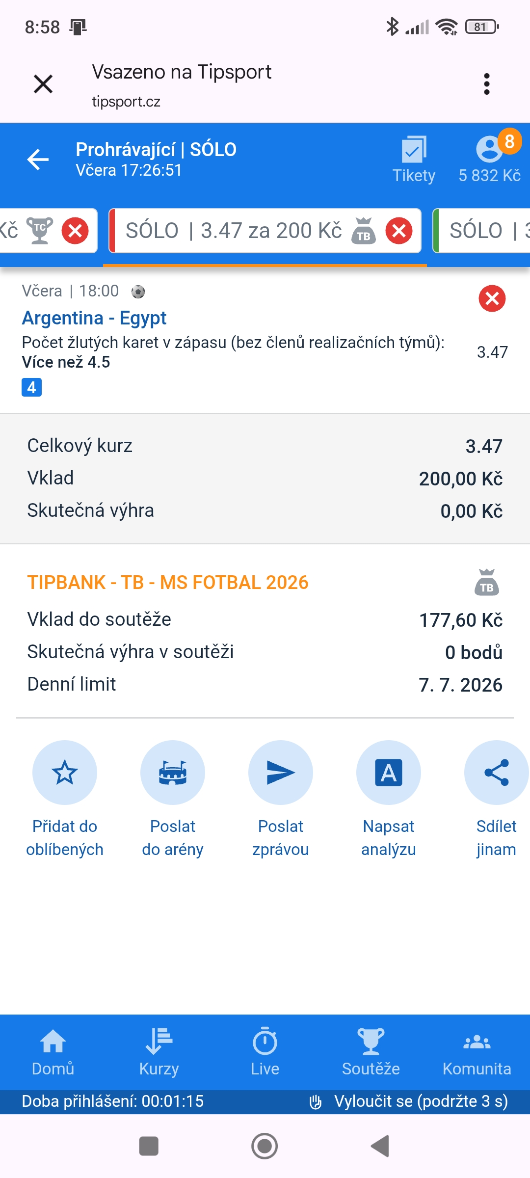 Tiket SÓLO · žluté karty Argentina–Egypt 3.47 — MS fotbal 2026, sázkařský deník LP75