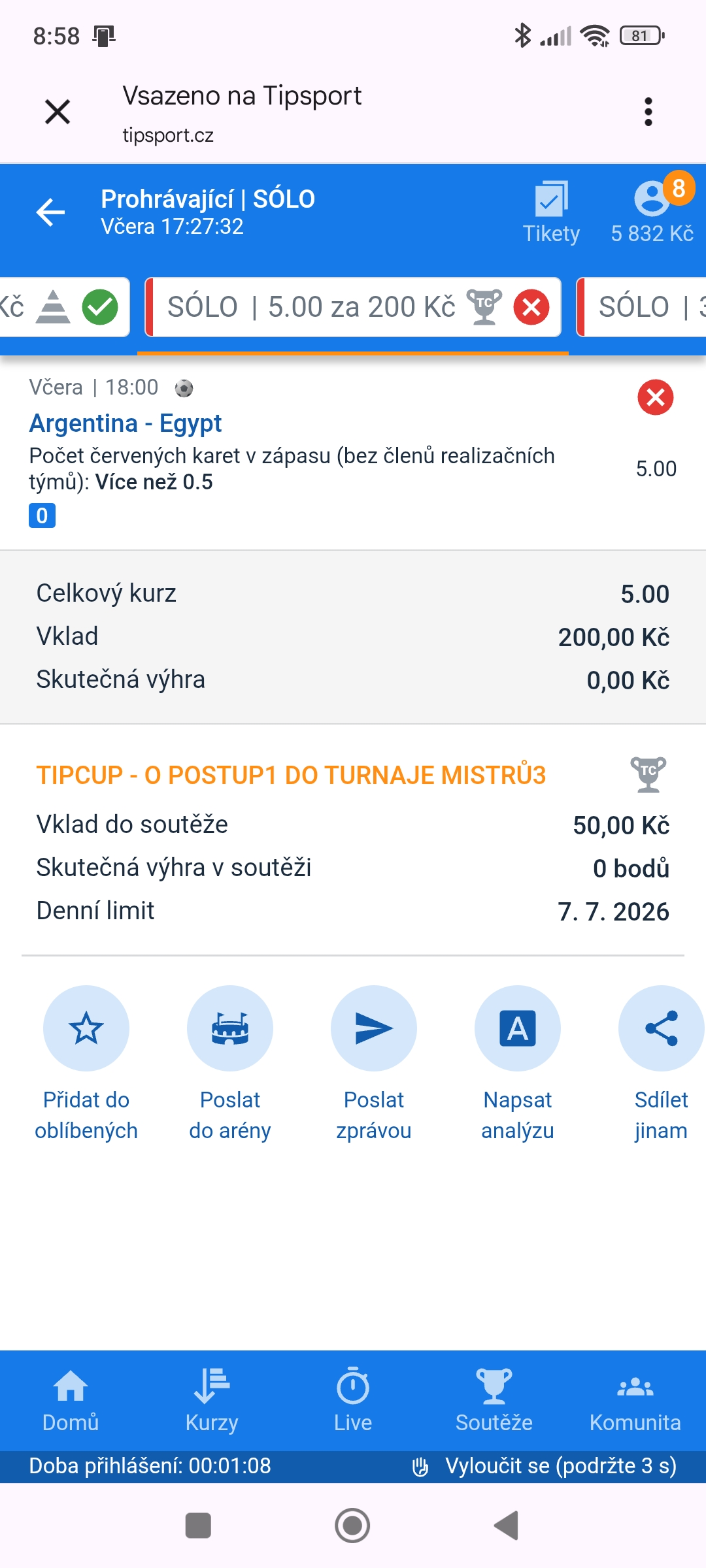 Tiket SÓLO · červená karta Argentina–Egypt 5.00 — MS fotbal 2026, sázkařský deník LP75