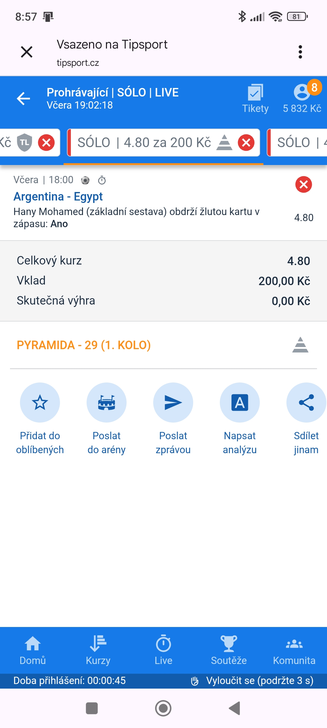 Tiket SÓLO live · Hany Mohamed žlutá karta 4.80 — MS fotbal 2026, sázkařský deník LP75