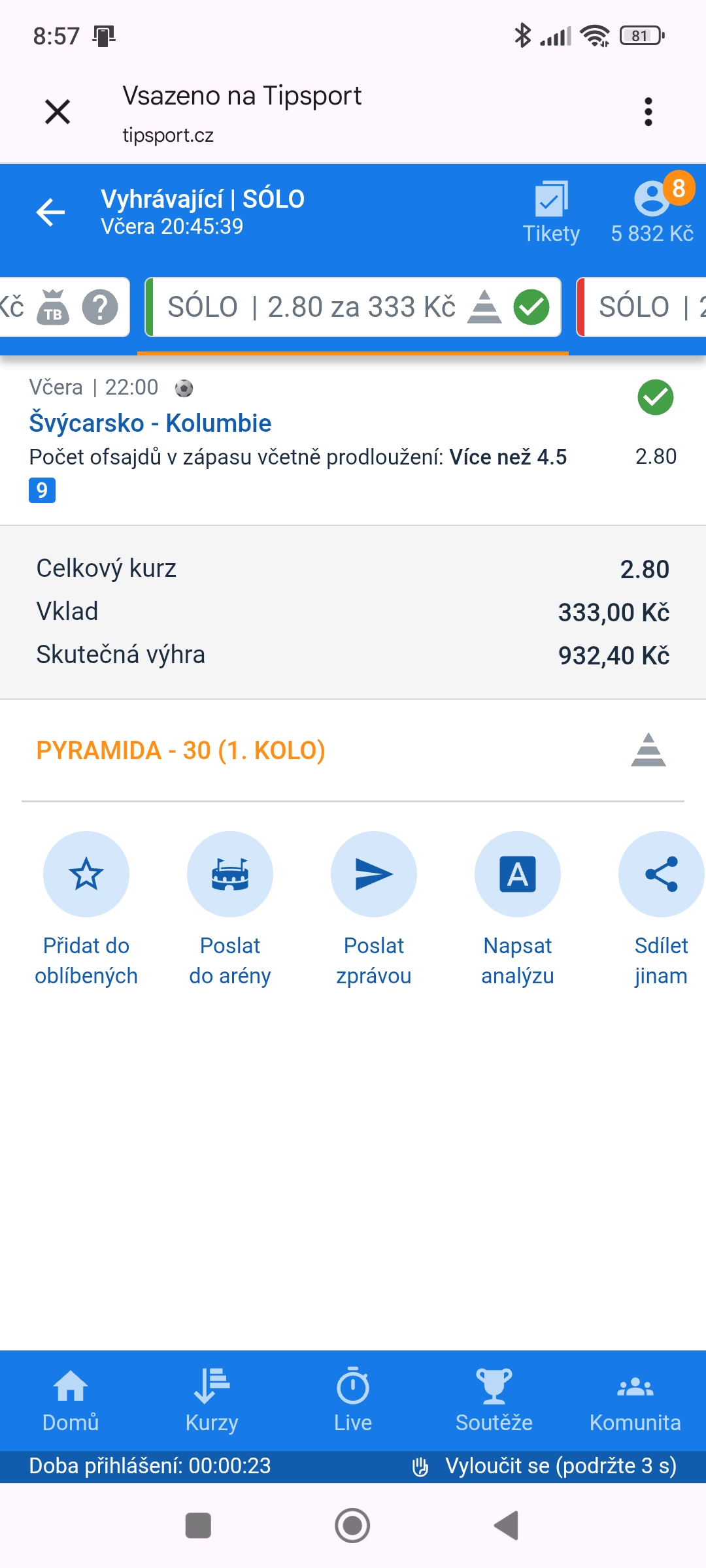 Tiket SÓLO · ofsajdy Švýcarsko–Kolumbie 2.80 — MS fotbal 2026, sázkařský deník LP75