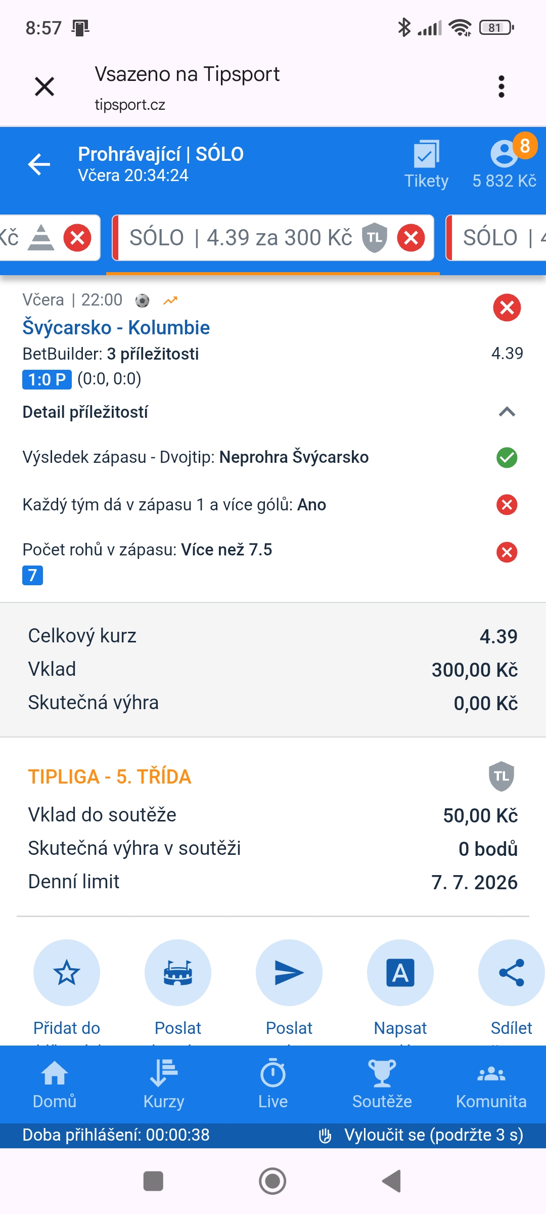 Tiket Bet Builder Švýcarsko–Kolumbie 4.39 — MS fotbal 2026, sázkařský deník LP75