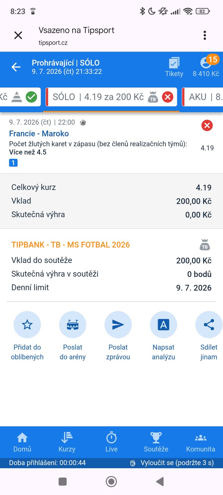Tiket SÓLO · žluté karty Francie–Maroko 4.19 — MS fotbal 2026, sázkařský deník LP75