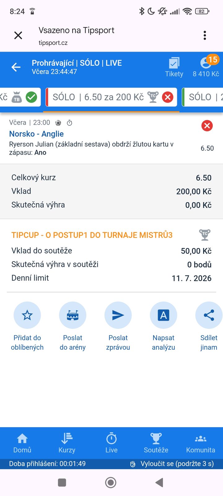Tiket SÓLO LIVE · Ryerson žlutá karta 6.50 — MS fotbal 2026, sázkařský deník LP75