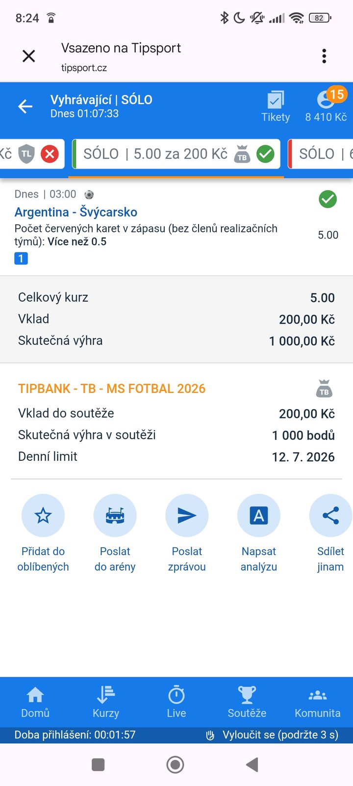 Tiket SÓLO · červená karta Argentina–Švýcarsko 5.00 — výhra 1 000 Kč — MS fotbal 2026, sázkařský deník LP75