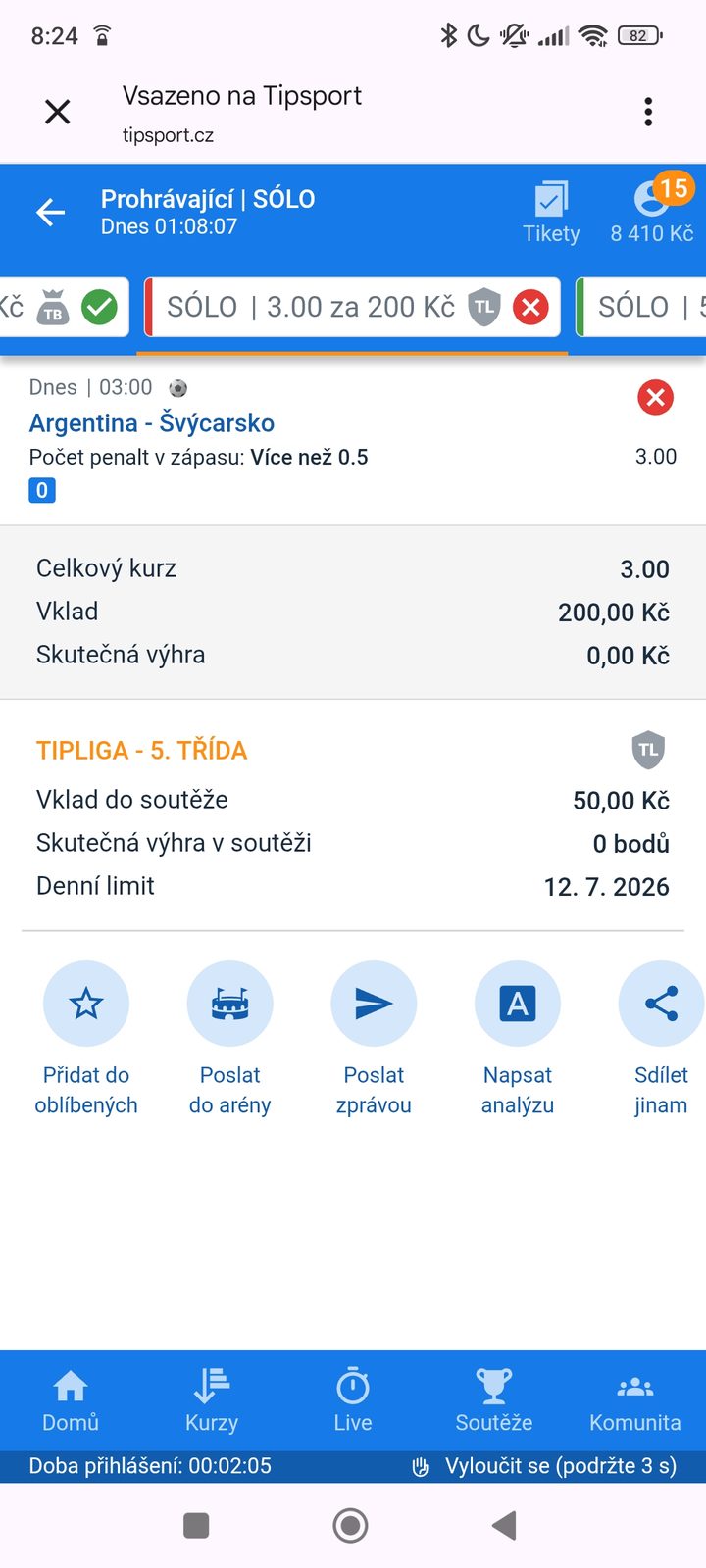 Tiket SÓLO · penalta v zápase Argentina–Švýcarsko 3.00 — MS fotbal 2026, sázkařský deník LP75