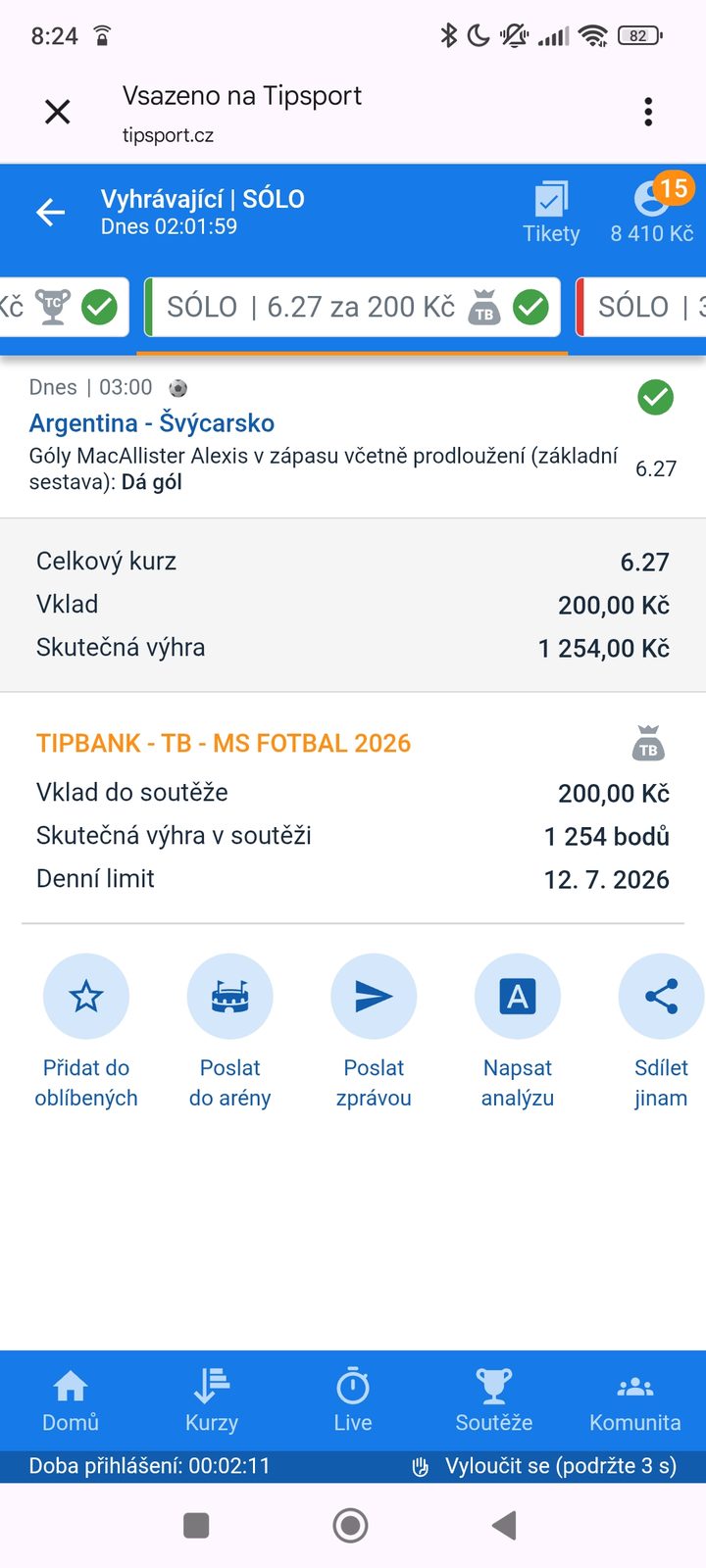 Tiket SÓLO · Mac Allister dá gól 6.27 — výhra 1 254 Kč — MS fotbal 2026, sázkařský deník LP75