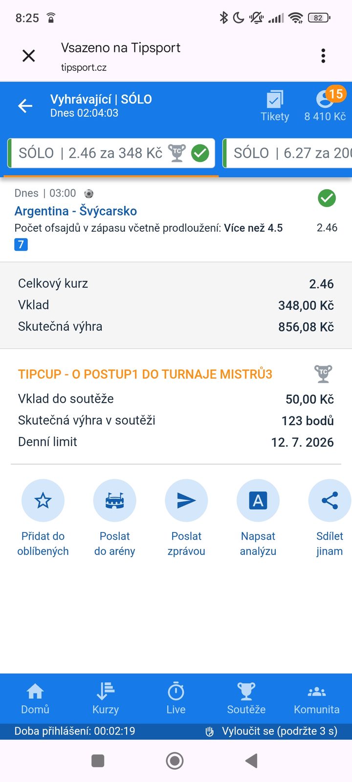 Tiket SÓLO · ofsajdy Argentina–Švýcarsko 2.46 — výhra 856 Kč — MS fotbal 2026, sázkařský deník LP75