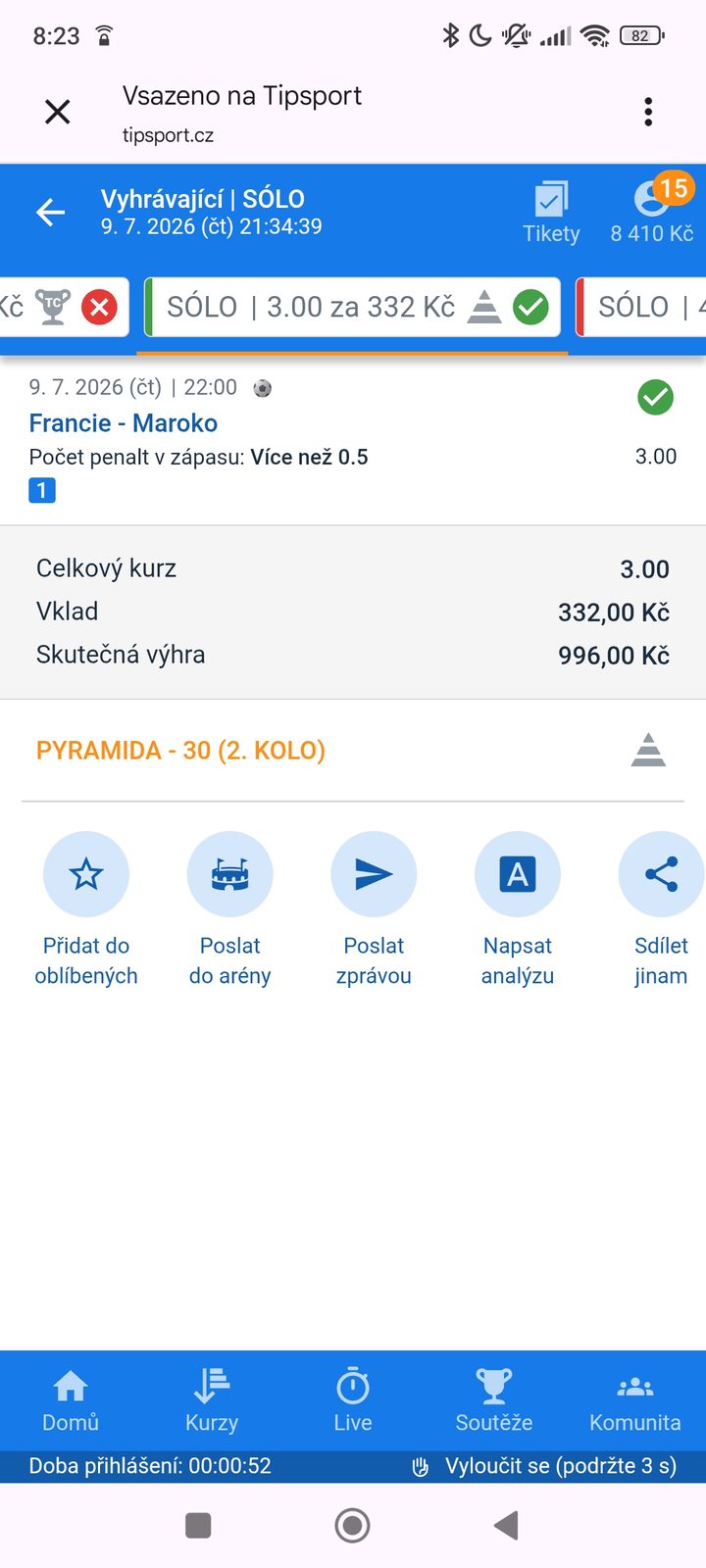 Tiket SÓLO · penalta v zápase Francie–Maroko 3.00 — výhra 996 Kč — MS fotbal 2026, sázkařský deník LP75
