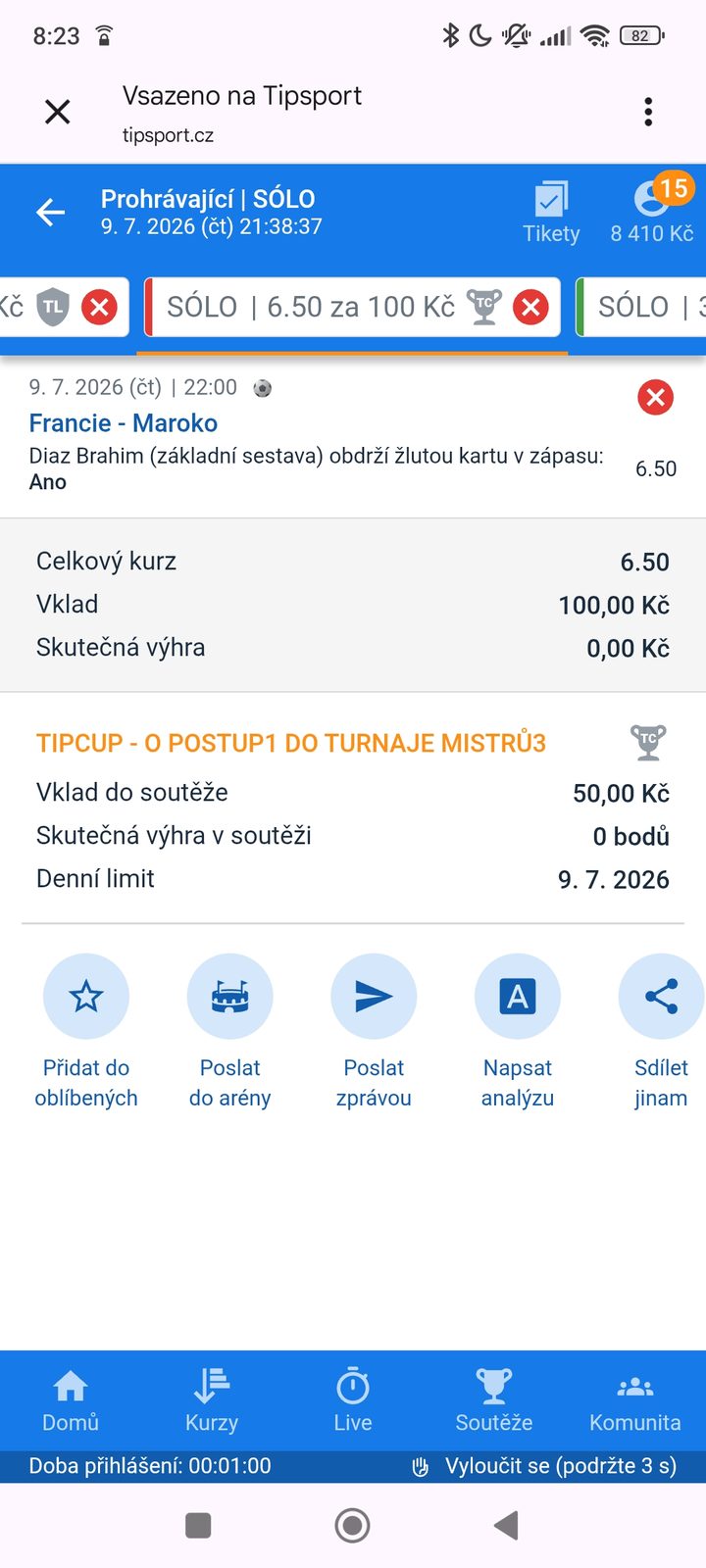 Tiket SÓLO · Brahim Díaz žlutá karta 6.50 — MS fotbal 2026, sázkařský deník LP75