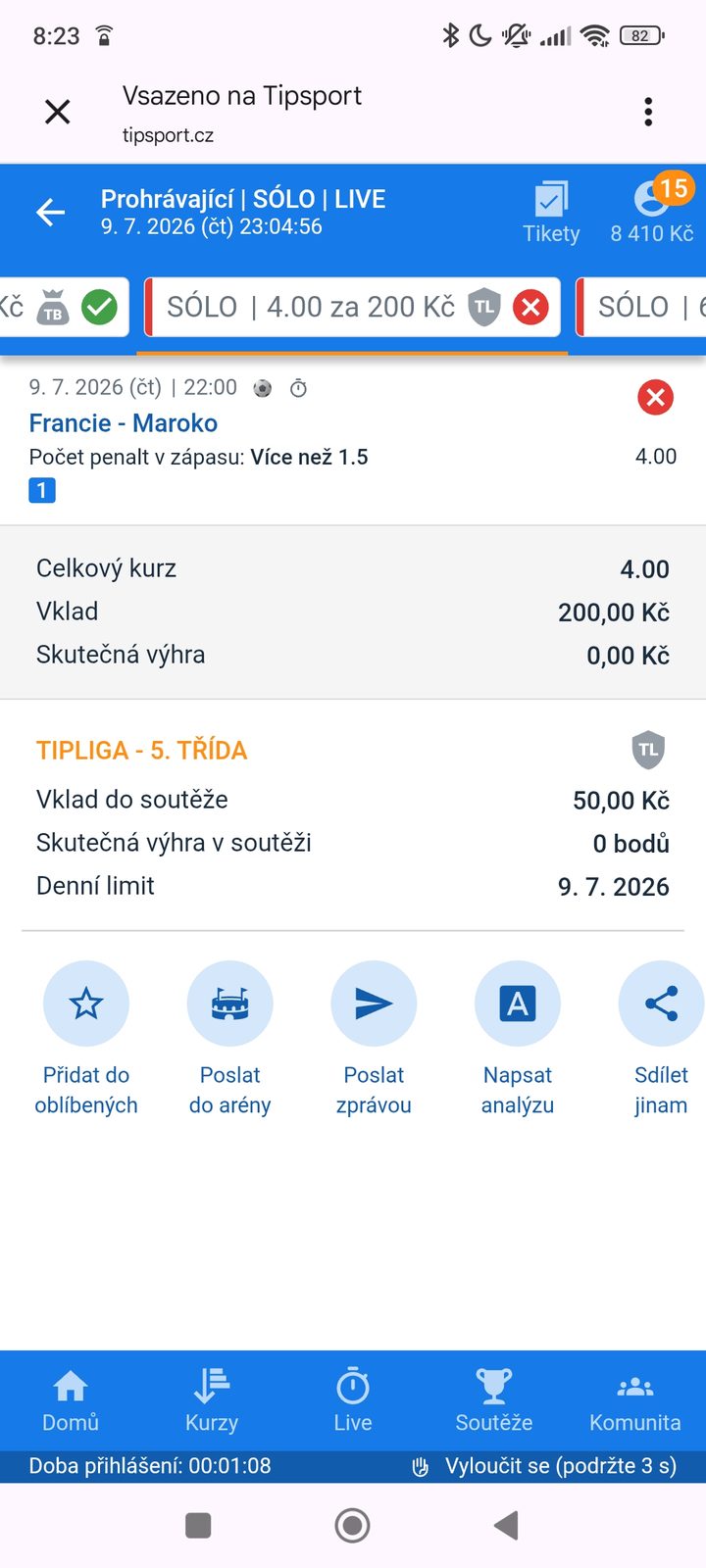 Tiket SÓLO LIVE · dvě penalty v zápase Francie–Maroko 4.00 — MS fotbal 2026, sázkařský deník LP75
