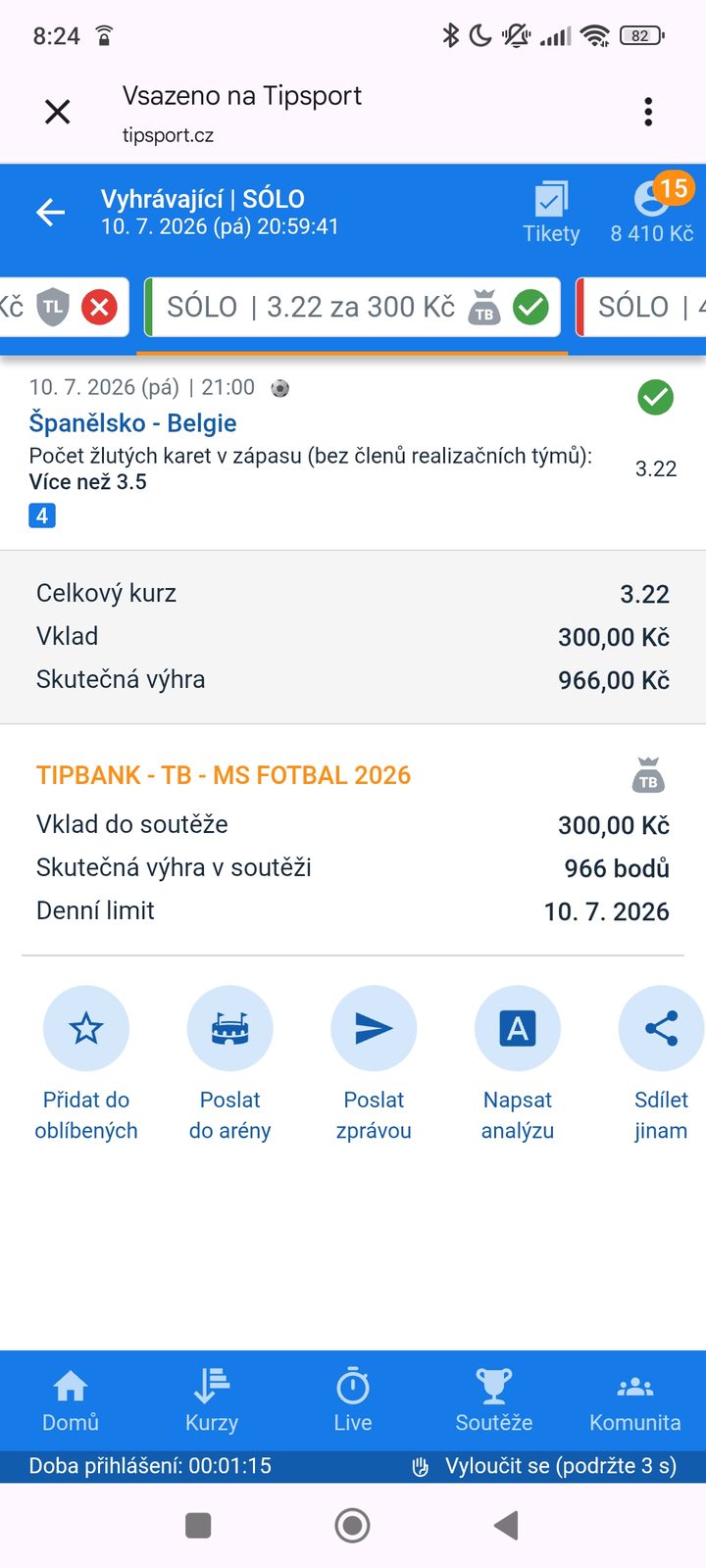 Tiket SÓLO · žluté karty Španělsko–Belgie 3.22 — výhra 966 Kč — MS fotbal 2026, sázkařský deník LP75